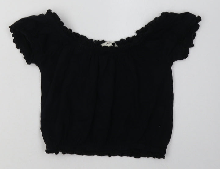 Miss Evie Girls Black Floral Cotton Basic T-Shirt Size 9-10 Years Off the Shoulder Pullover
