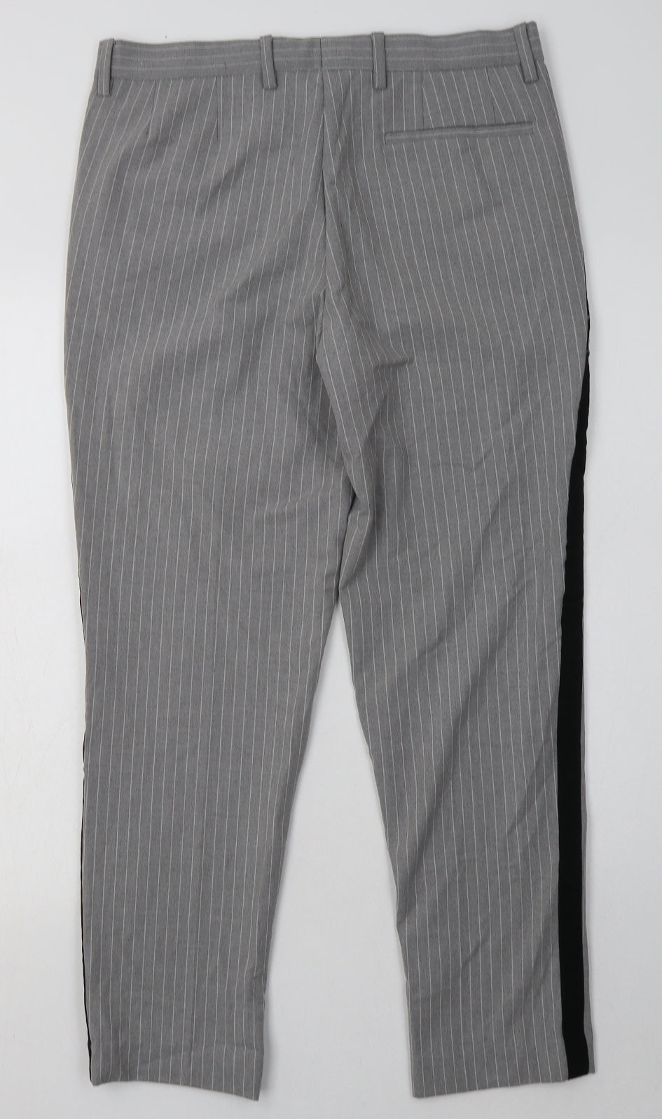 Primark Mens Grey Striped Polyester Trousers  Size 32 L30 in Slim Hook & Eye