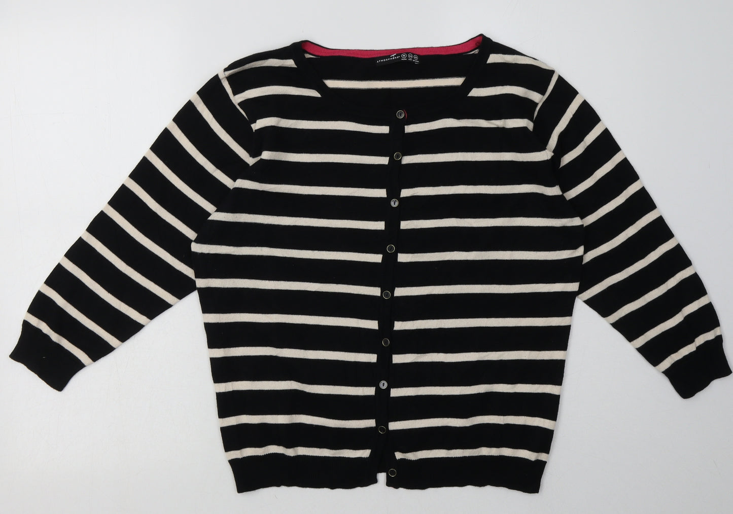 Primark Womens Black Crew Neck Striped Acrylic Cardigan Jumper Size 16