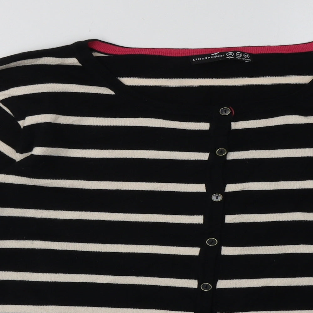 Primark Womens Black Crew Neck Striped Acrylic Cardigan Jumper Size 16