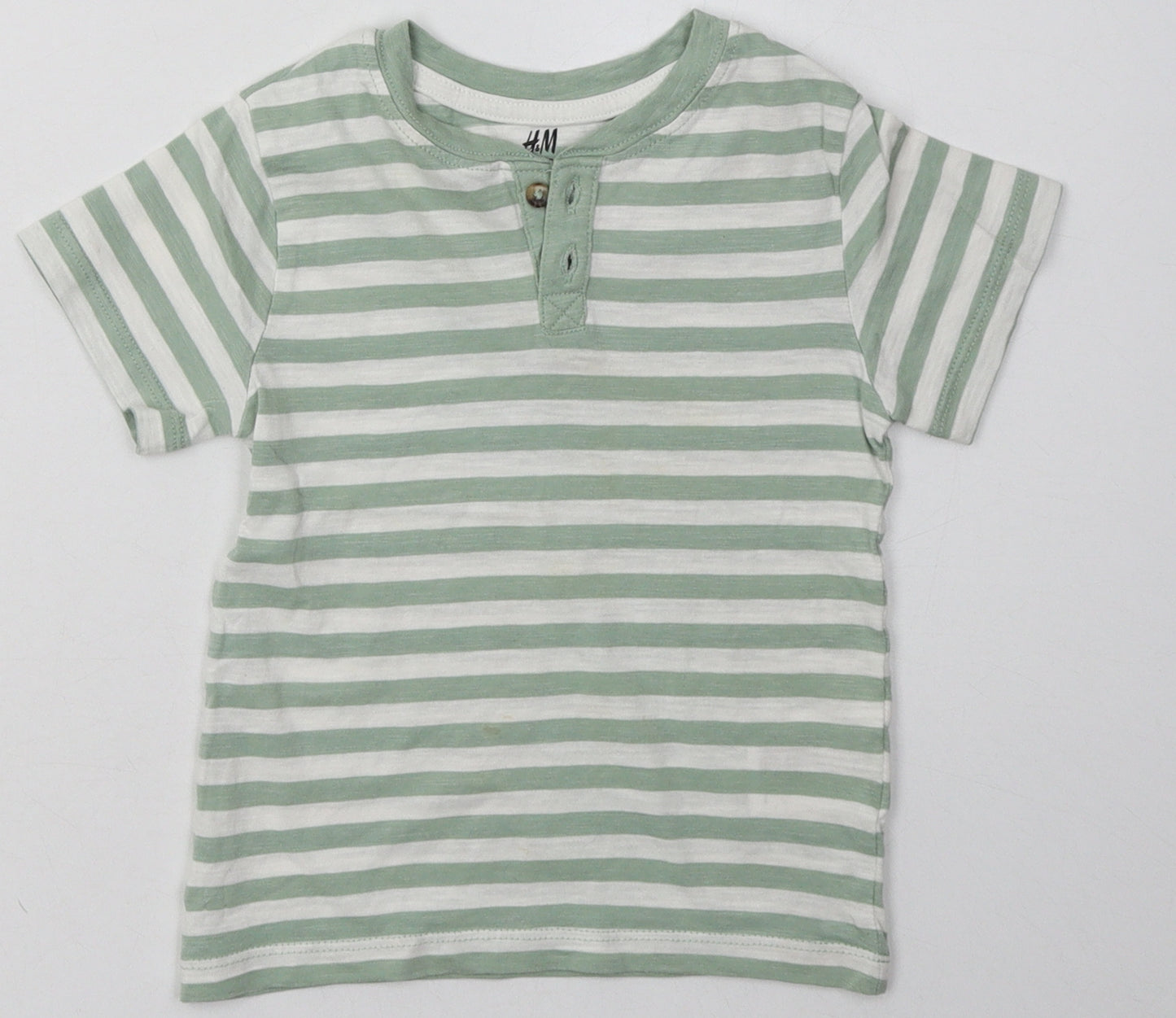 H&M Boys Green Striped Cotton Basic T-Shirt Size 2-3 Years Crew Neck Button