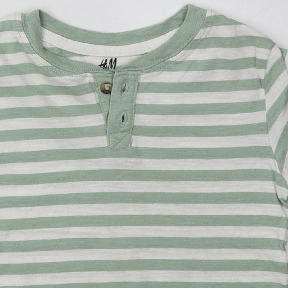 H&M Boys Green Striped Cotton Basic T-Shirt Size 2-3 Years Crew Neck Button