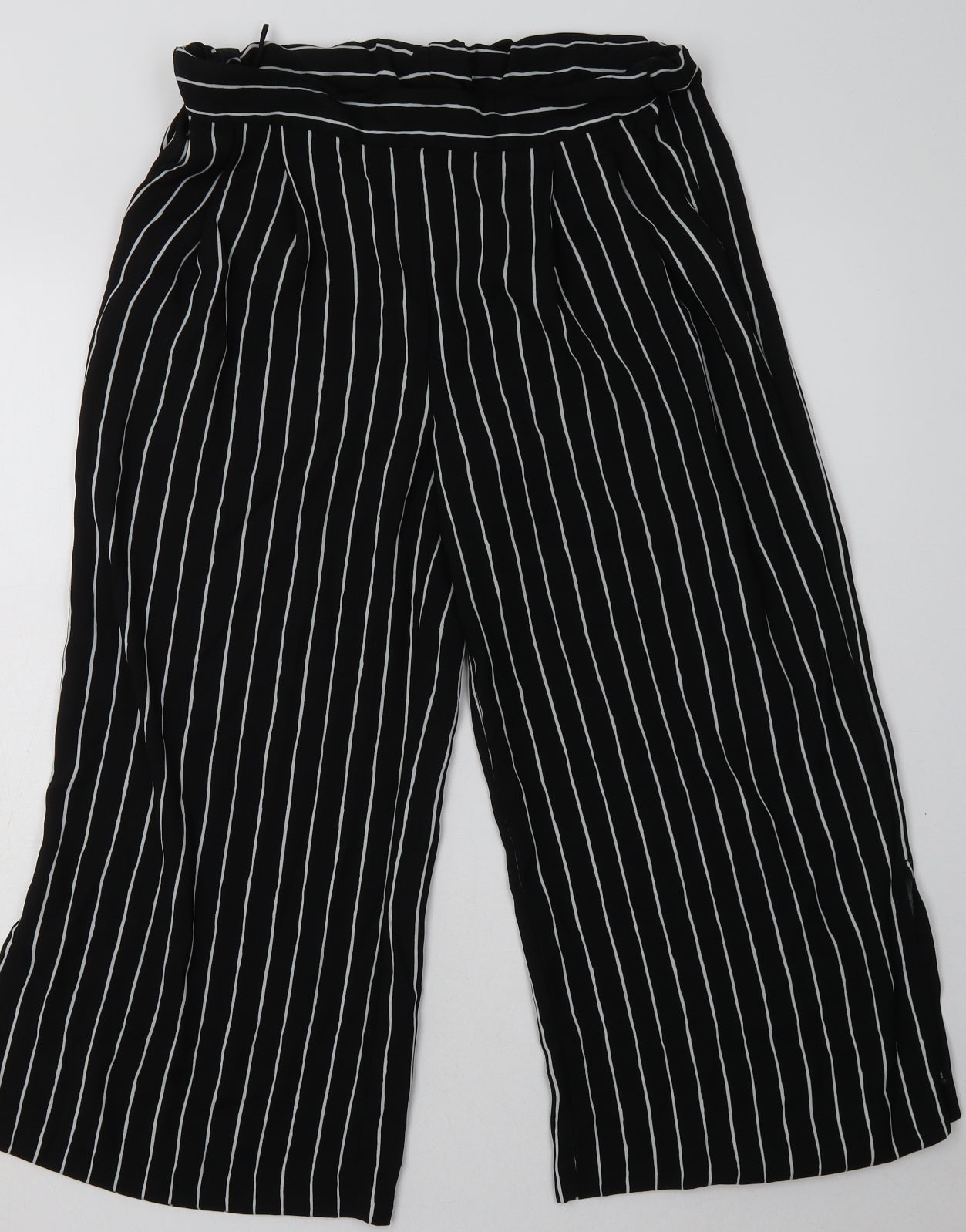 Marks and Spencer Womens Black Striped Polyester Cropped Trousers Size 10 L24 in Regular
