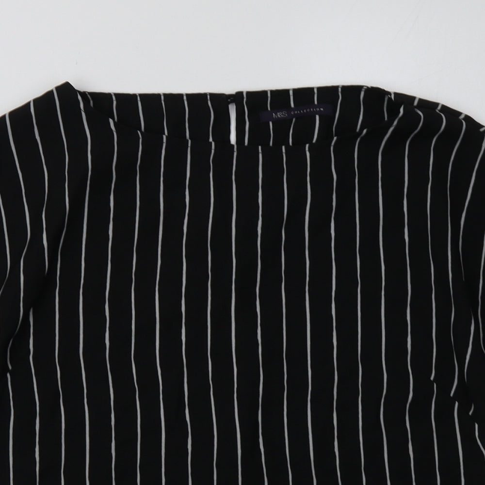 Marks and Spencer Womens Black Striped Polyester Basic Blouse Size 8 Crew Neck