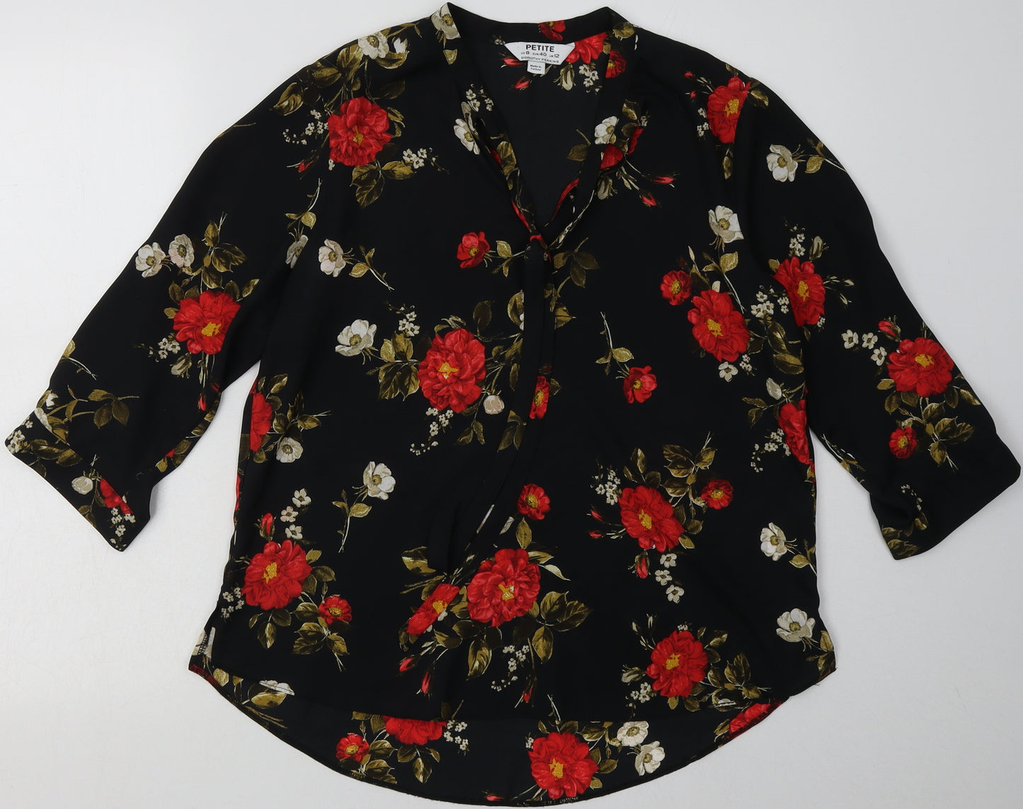 Dorothy Perkins Womens Black Floral Polyester Basic Blouse Size 12 V-Neck