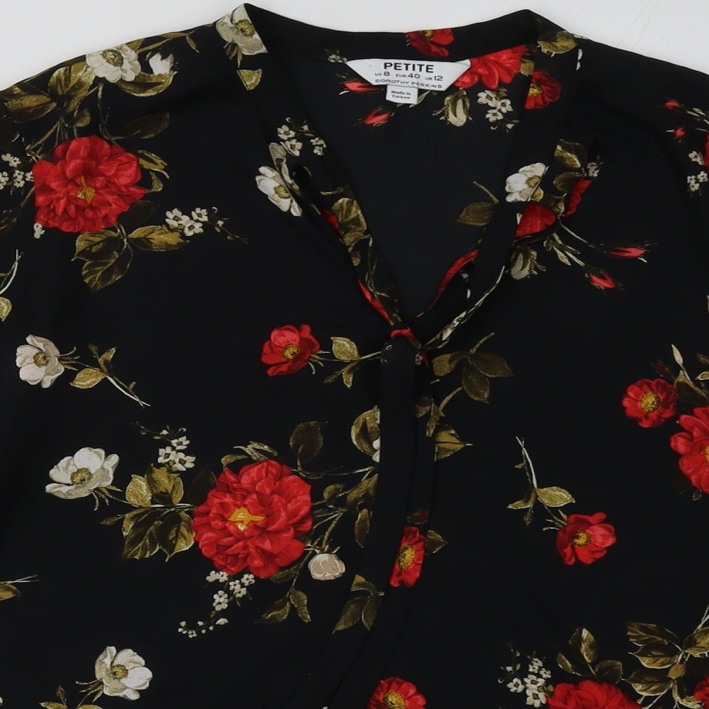 Dorothy Perkins Womens Black Floral Polyester Basic Blouse Size 12 V-Neck