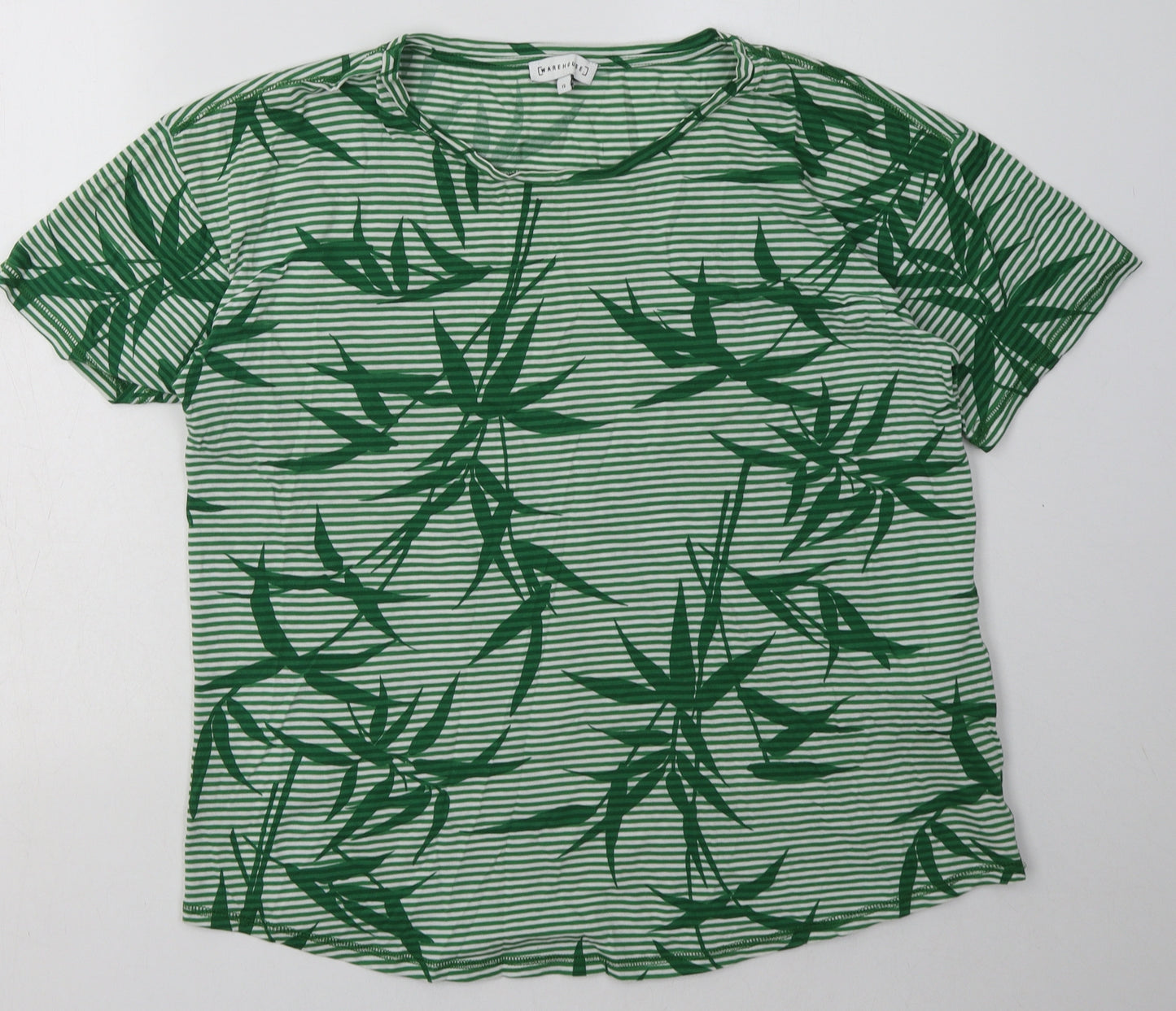 Warehouse Womens Green Striped Cotton Basic T-Shirt Size 12 Crew Neck