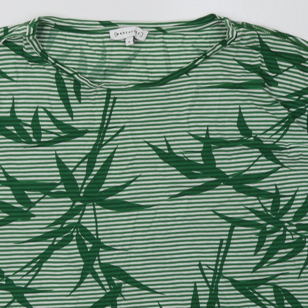 Warehouse Womens Green Striped Cotton Basic T-Shirt Size 12 Crew Neck