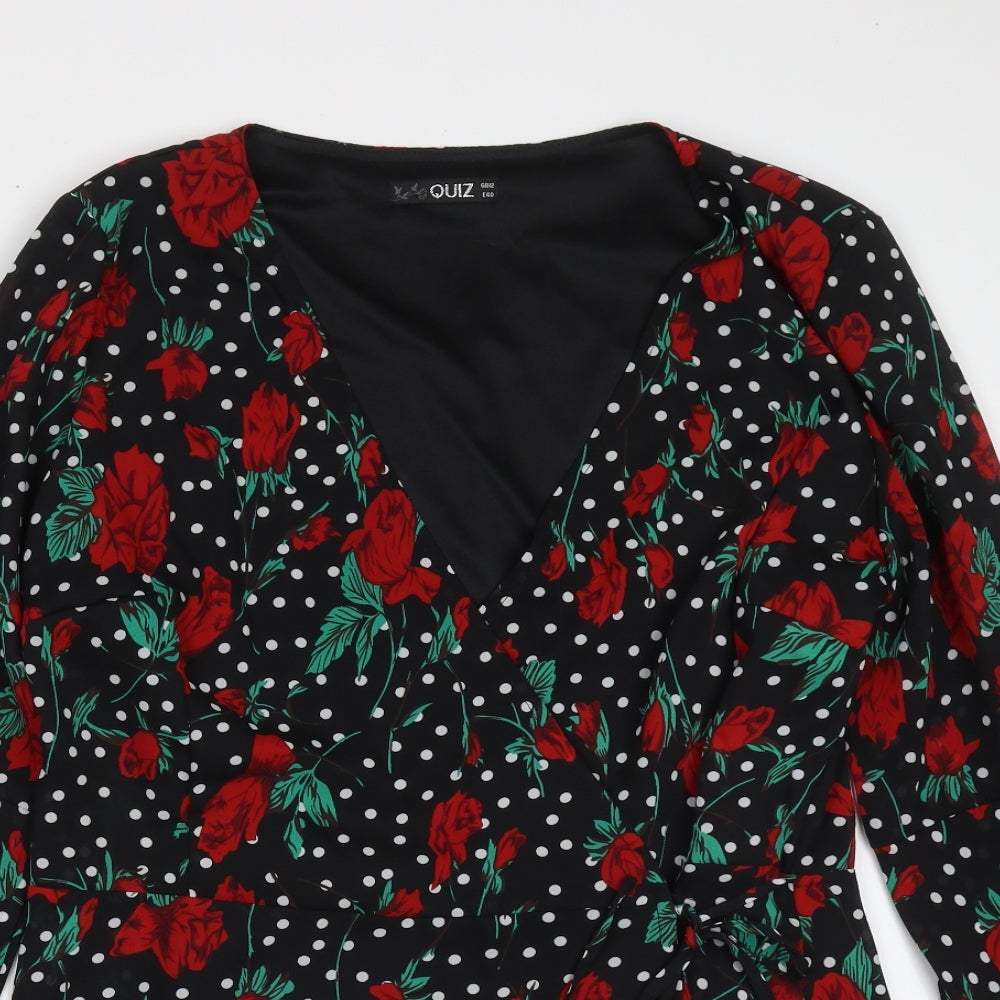 Quiz Womens Black Floral Polyester Wrap Blouse Size 12 V-Neck