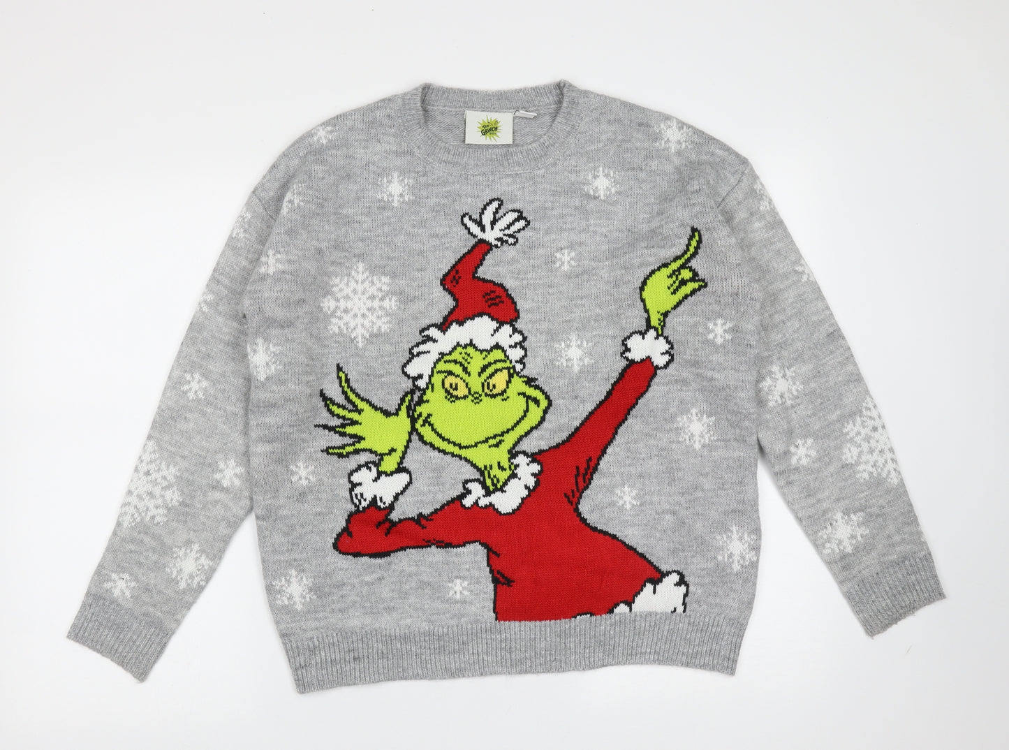 Primark Womens Grey Round Neck  Acrylic Pullover Jumper Size XS   - The Grinch christmas