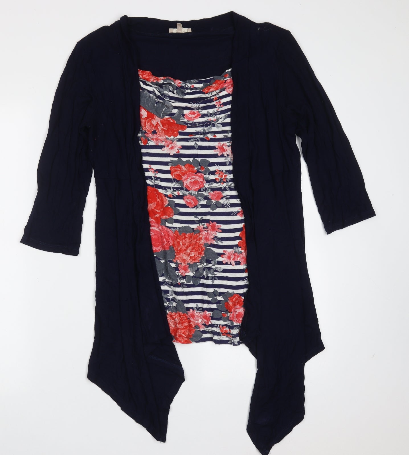 Soon Womens Blue Floral Viscose Basic Blouse Size 14 Round Neck - built in cardigan