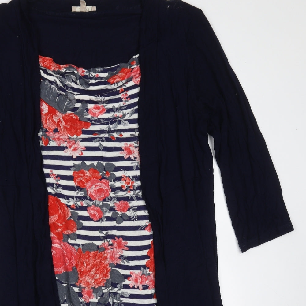 Soon Womens Blue Floral Viscose Basic Blouse Size 14 Round Neck - built in cardigan