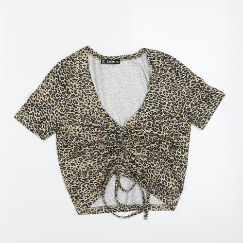 SheIn Womens Brown Animal Print Polyester Cropped T-Shirt Size XS V-Neck