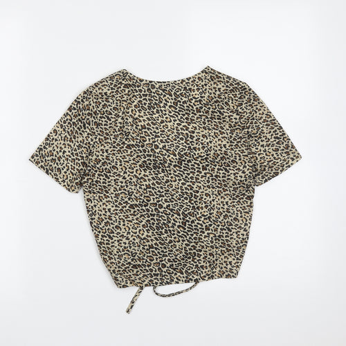 SheIn Womens Brown Animal Print Polyester Cropped T-Shirt Size XS V-Neck