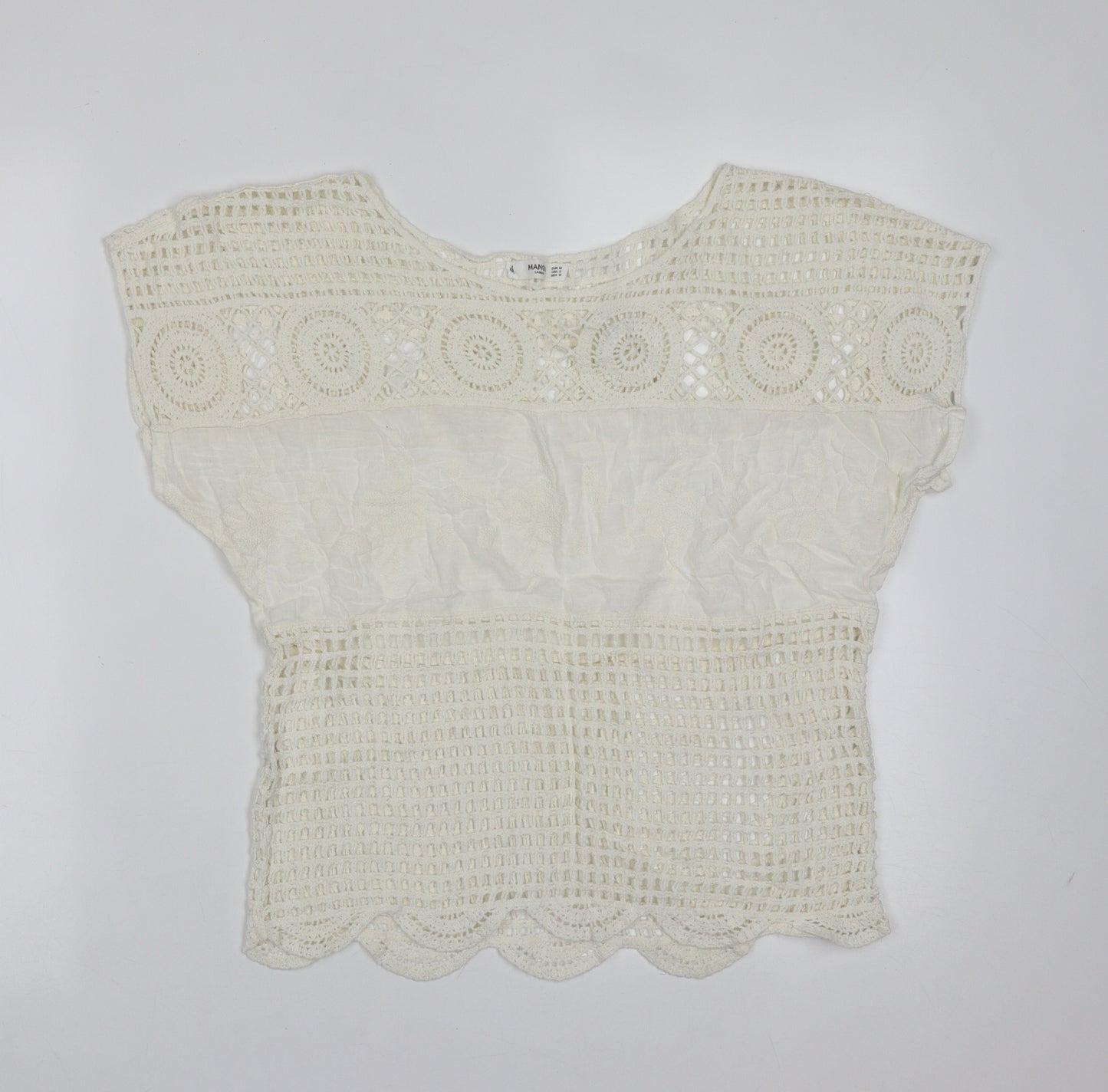 Mango Womens Ivory Geometric Cotton Basic Blouse Size M Round Neck - crochet