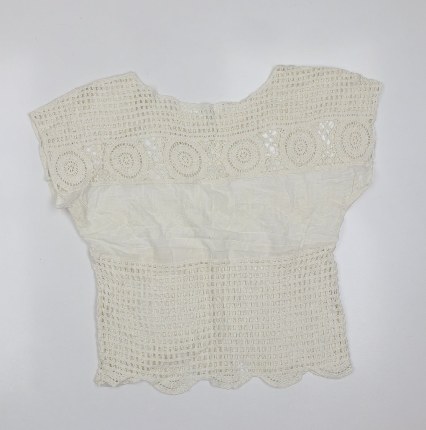 Mango Womens Ivory Geometric Cotton Basic Blouse Size M Round Neck - crochet
