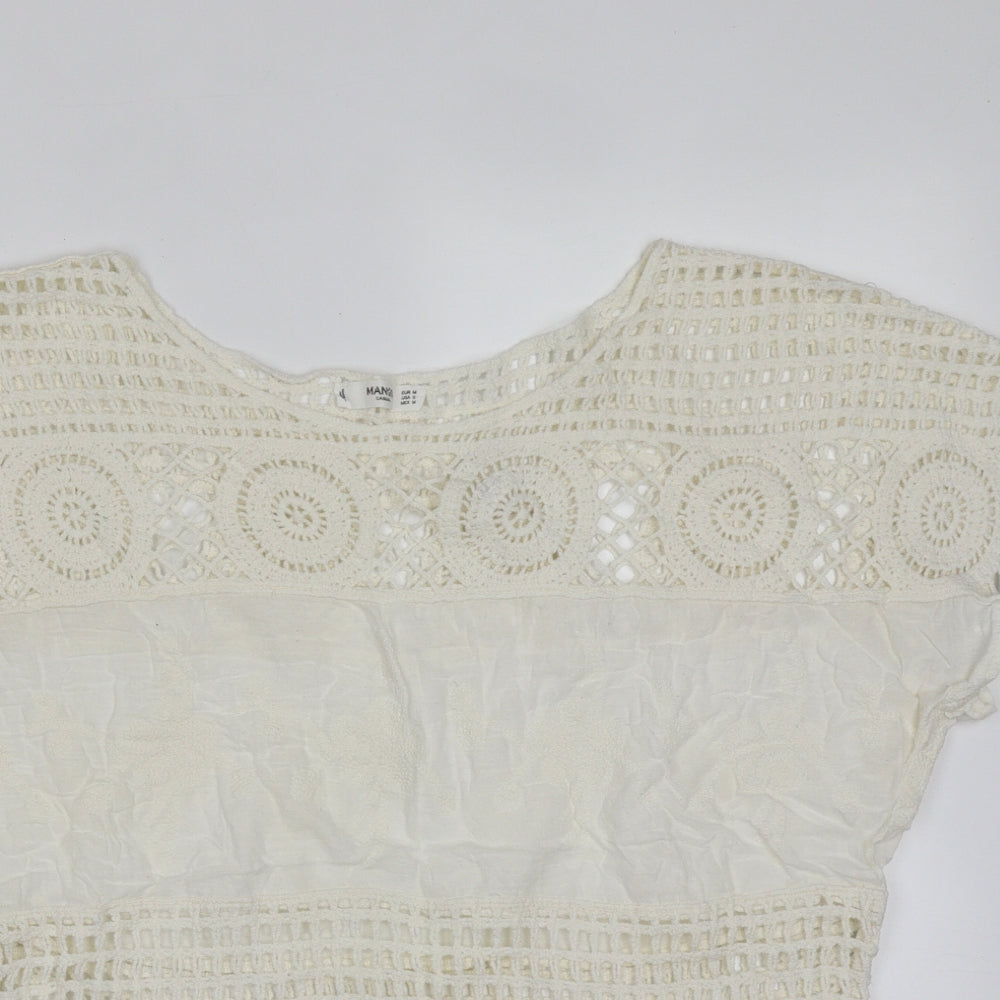 Mango Womens Ivory Geometric Cotton Basic Blouse Size M Round Neck - crochet