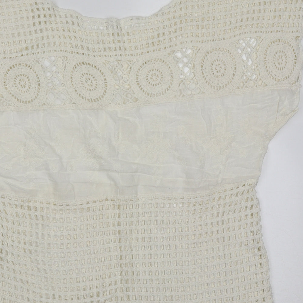 Mango Womens Ivory Geometric Cotton Basic Blouse Size M Round Neck - crochet