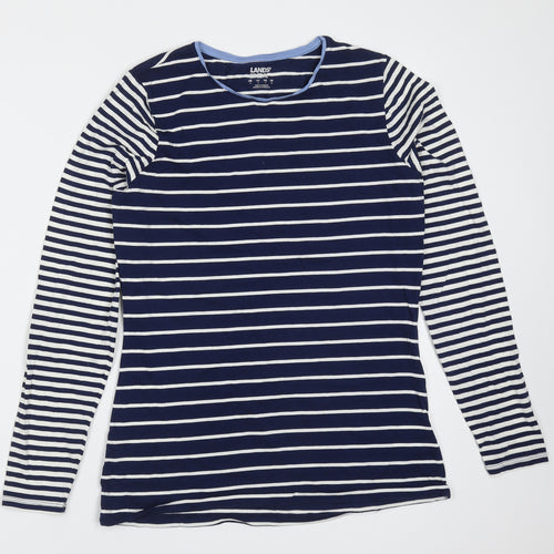 Lands' End Womens Blue Striped Cotton Basic T-Shirt Size S Round Neck