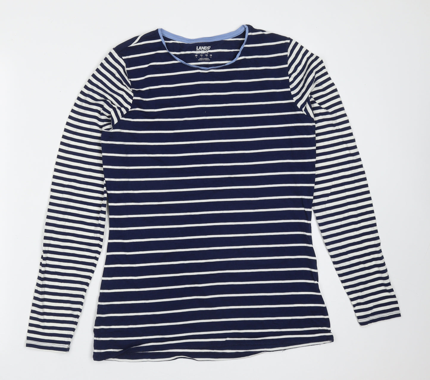 Lands' End Womens Blue Striped Cotton Basic T-Shirt Size S Round Neck