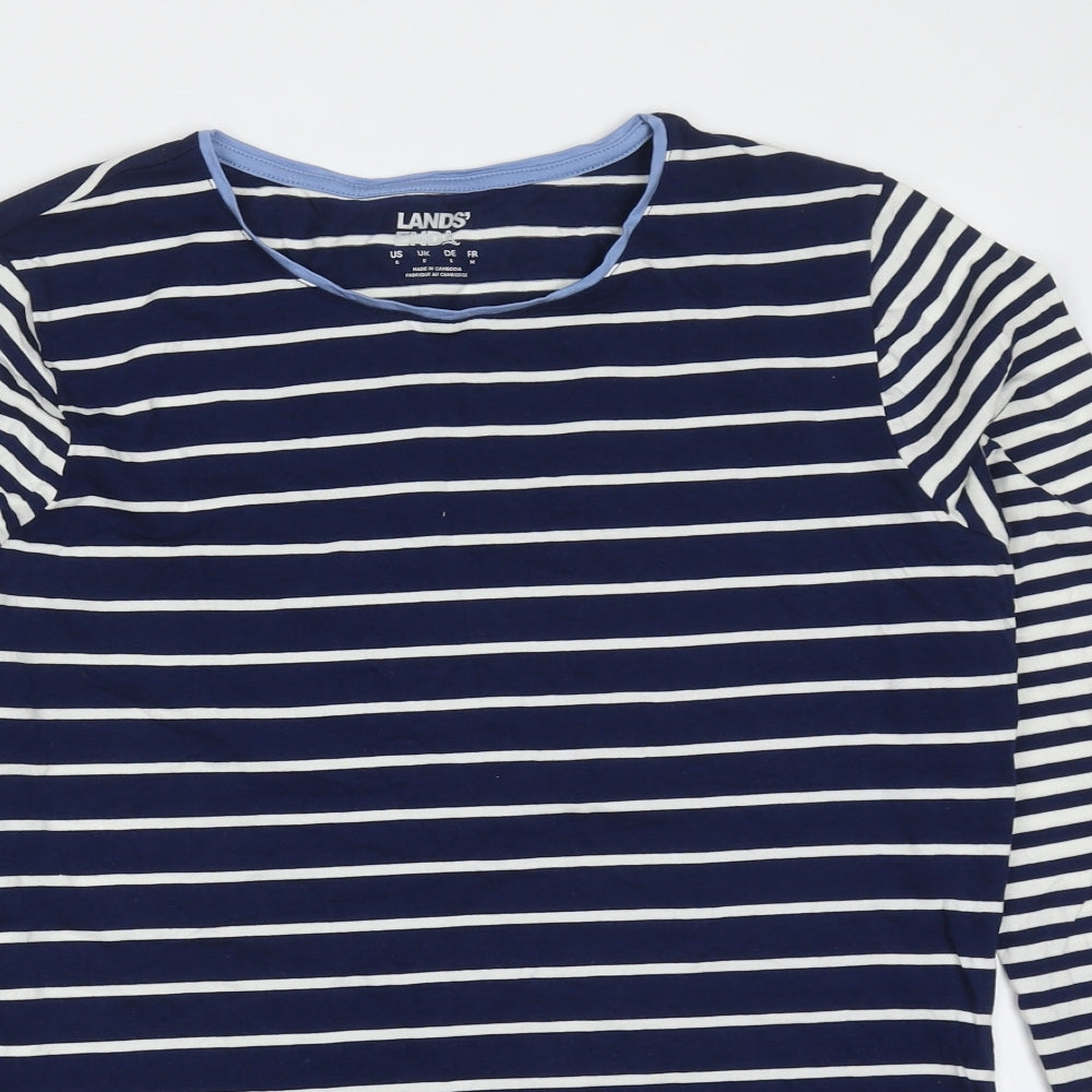 Lands' End Womens Blue Striped Cotton Basic T-Shirt Size S Round Neck