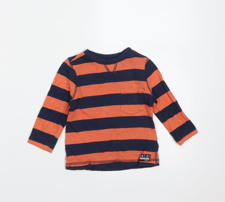 F&F Baby Blue Striped Cotton Basic T-Shirt Size 6-9 Months Round Neck