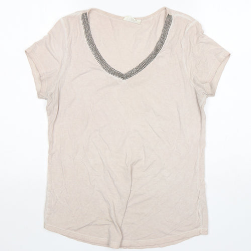 Nine Womens Beige  Cotton Basic T-Shirt Size 12 V-Neck