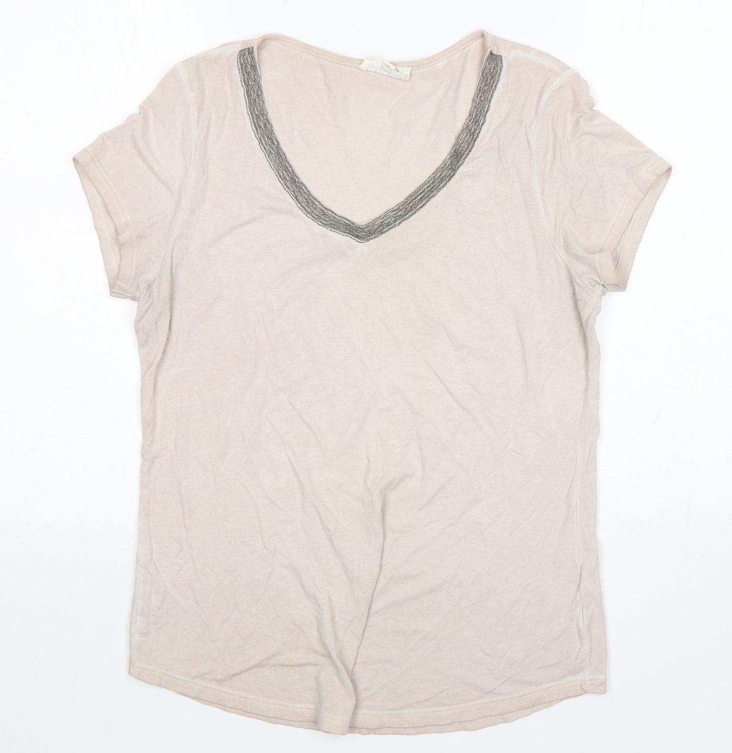 Nine Womens Beige  Cotton Basic T-Shirt Size 12 V-Neck