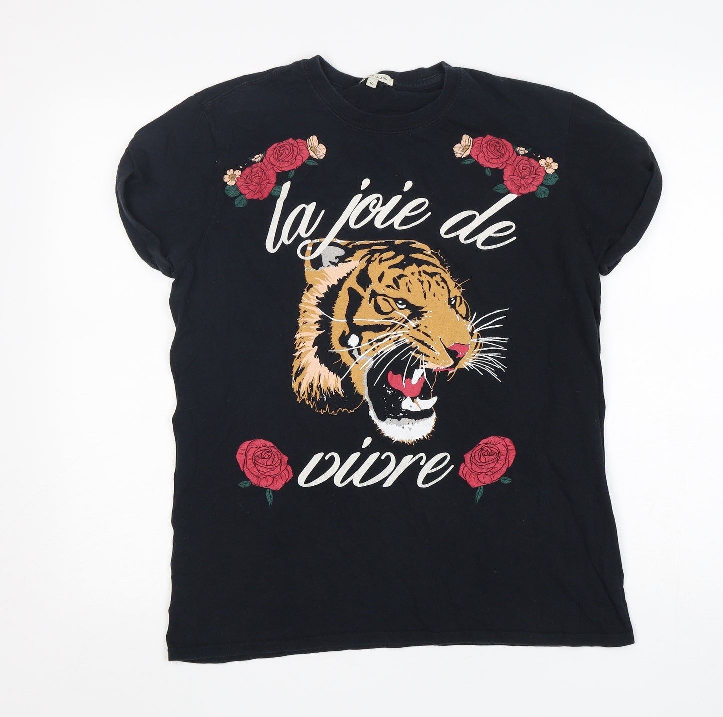 River Island  Womens Black Floral Cotton Basic T-Shirt Size 10 Round Neck