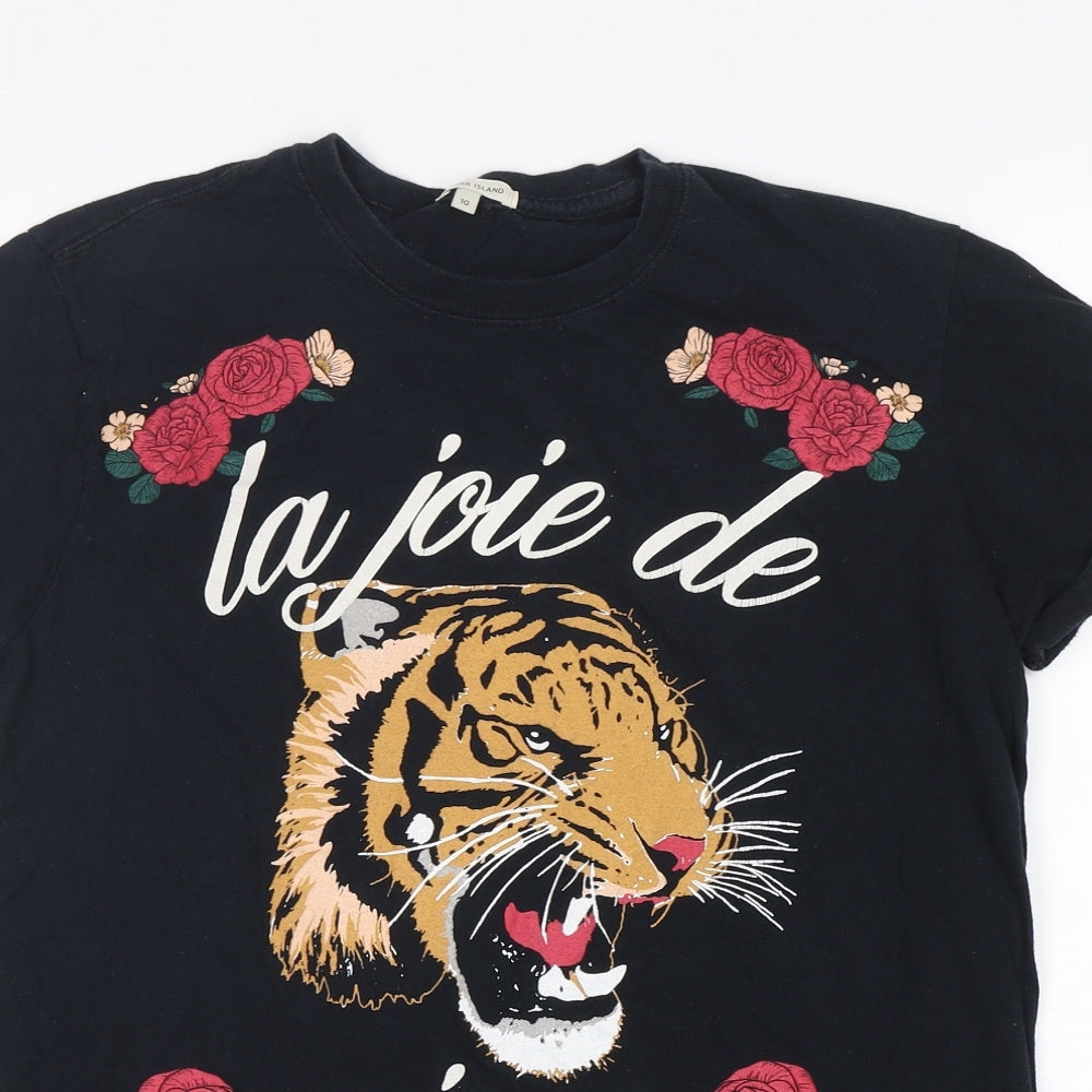 River Island  Womens Black Floral Cotton Basic T-Shirt Size 10 Round Neck