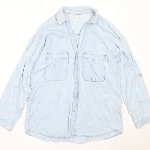 Zara Womens Blue  Lyocell Basic Button-Up Size XS Collared
