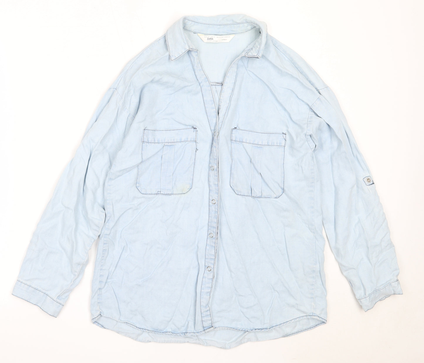 Zara Womens Blue  Lyocell Basic Button-Up Size XS Collared