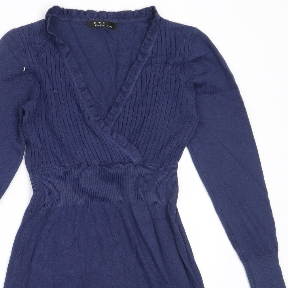 K.K.O Fashion Womens Blue  Wool Jumper Dress  Size L  V-Neck