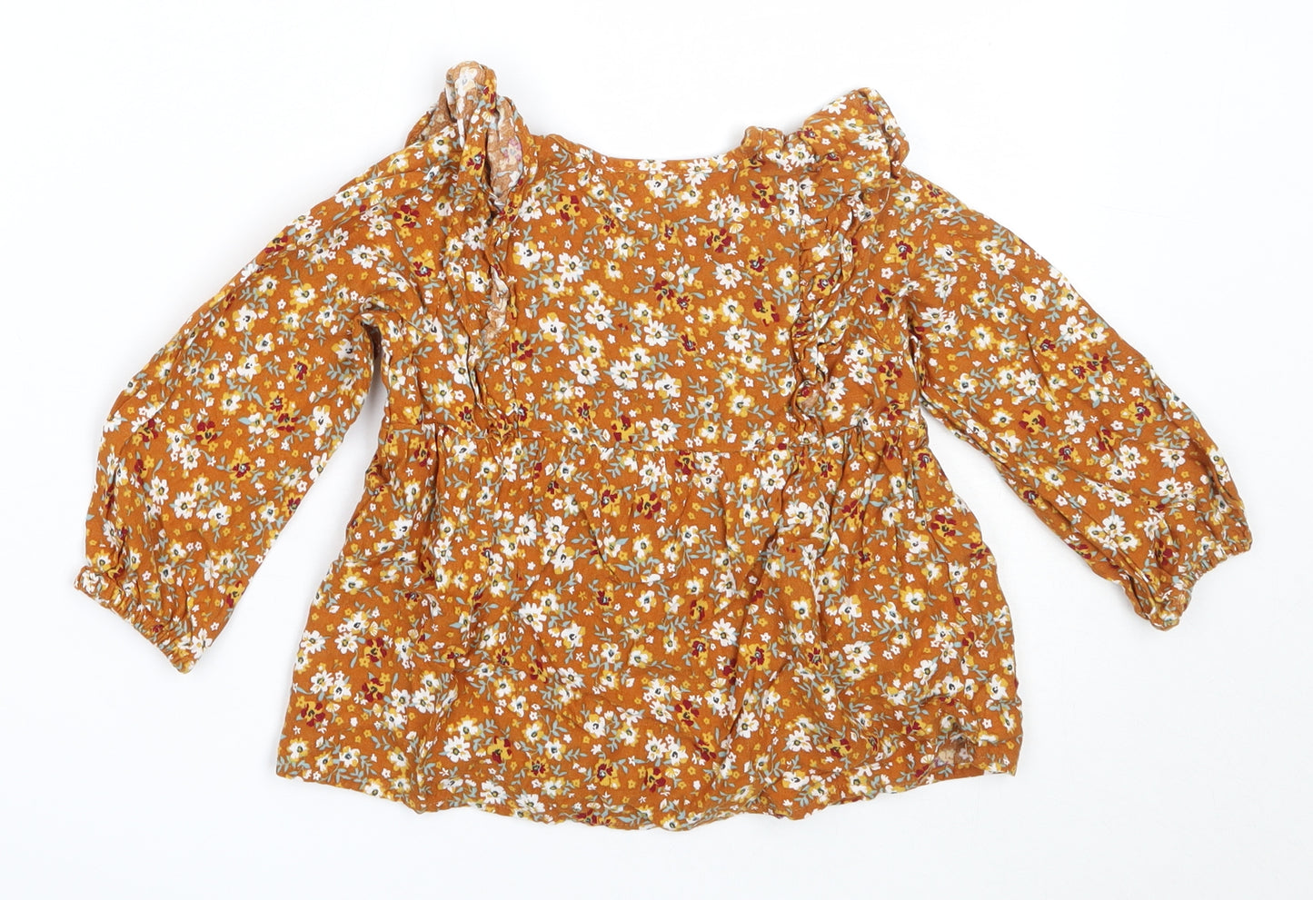 Matalan Girls Brown Floral Viscose Basic Blouse Size 2-3 Years Round Neck