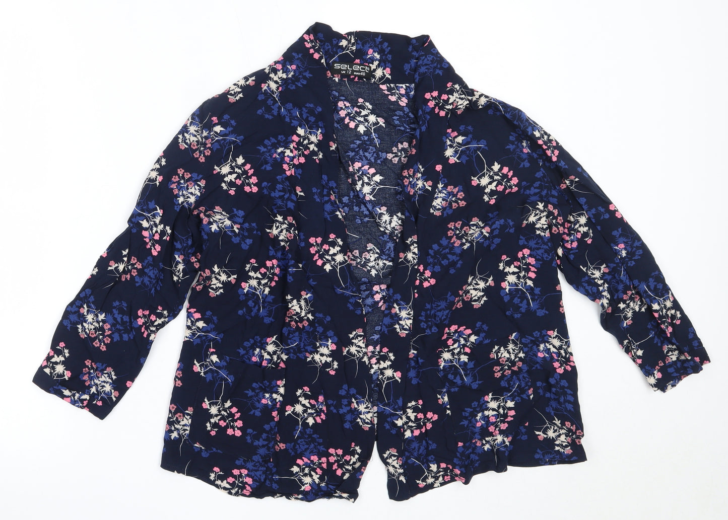 Select Womens Blue Round Neck Floral Viscose Cardigan Jumper Size 12