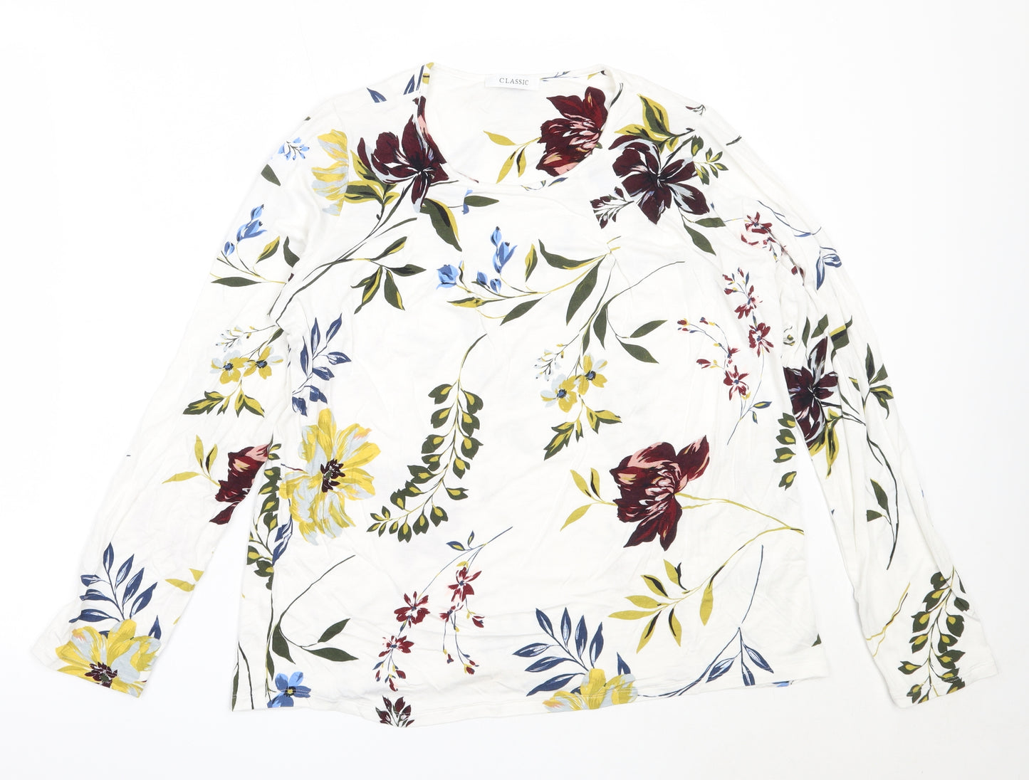 Marks and Spencer Womens White Floral Viscose Basic T-Shirt Size 16 Round Neck