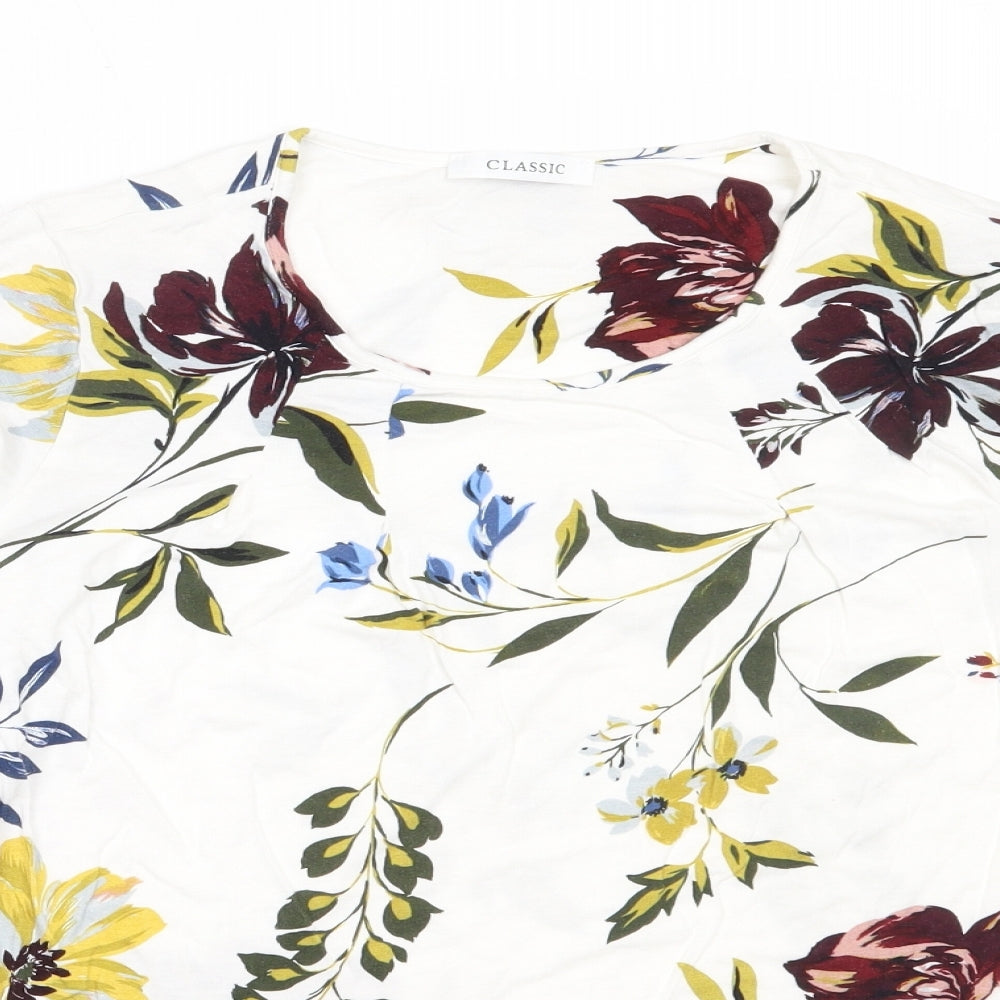 Marks and Spencer Womens White Floral Viscose Basic T-Shirt Size 16 Round Neck