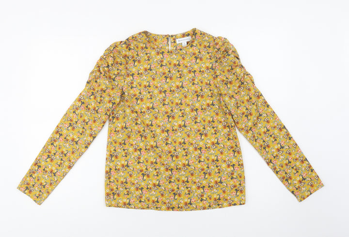Warehouse Womens Yellow Floral Polyester Basic Blouse Size 6 Round Neck