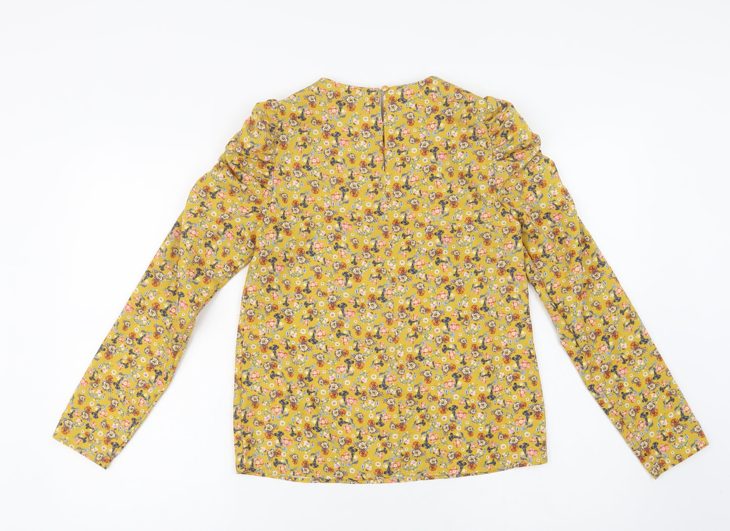 Warehouse Womens Yellow Floral Polyester Basic Blouse Size 6 Round Neck