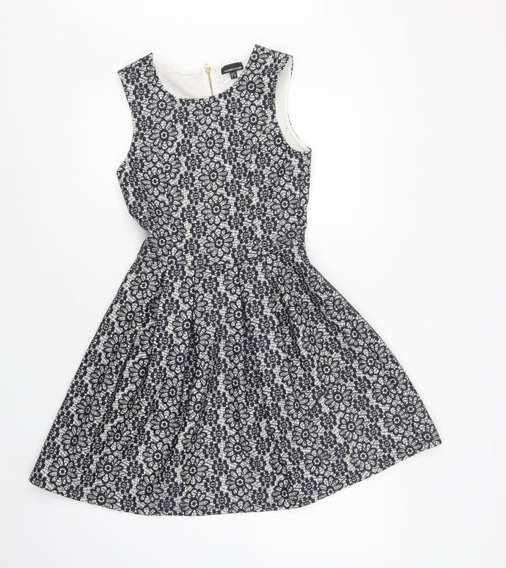 Warehouse Womens Blue Floral Polyester Fit & Flare Size 6 Round Neck Zip - Lace Overlay