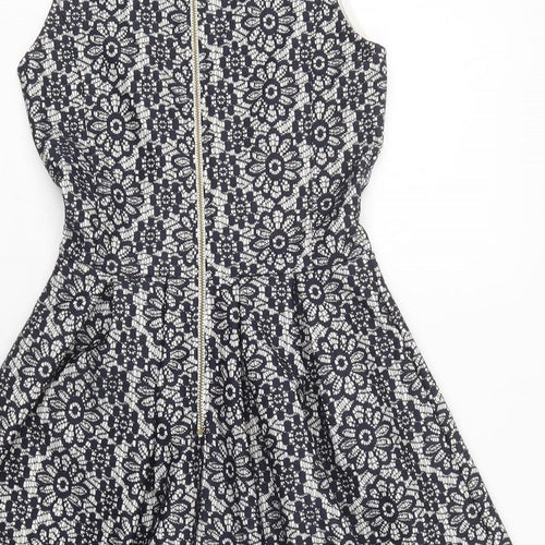 Warehouse Womens Blue Floral Polyester Fit & Flare  Size 6  Round Neck Zip - Lace Overlay