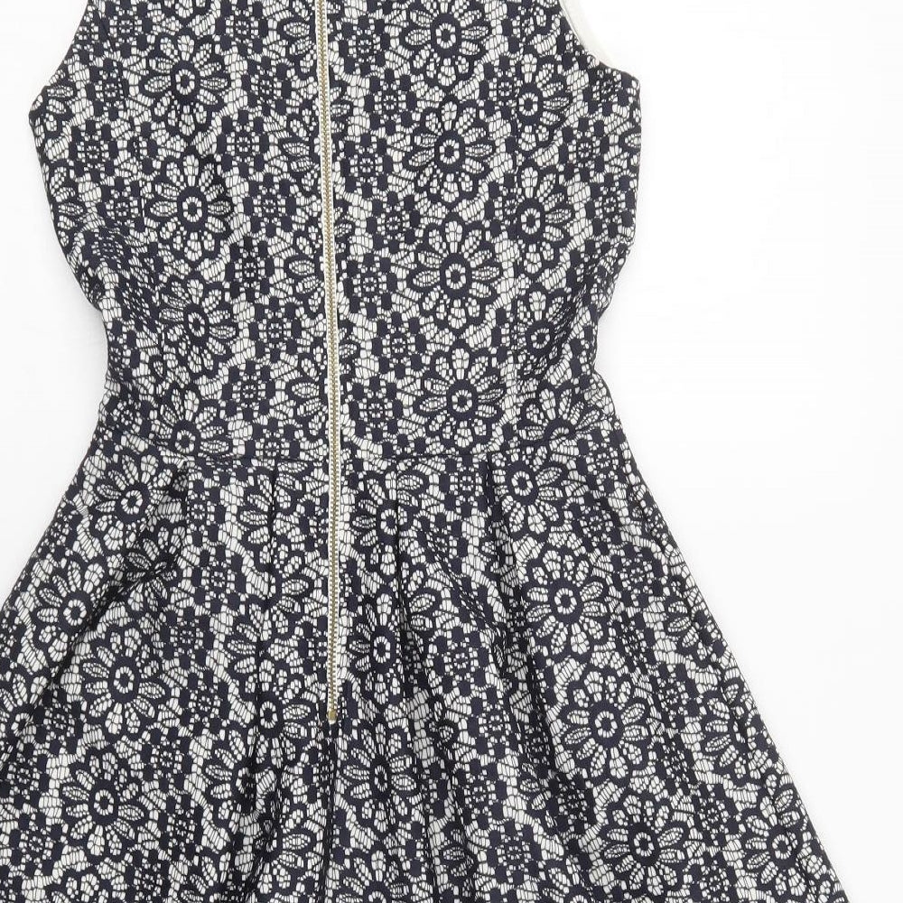 Warehouse Womens Blue Floral Polyester Fit & Flare  Size 6  Round Neck Zip - Lace Overlay
