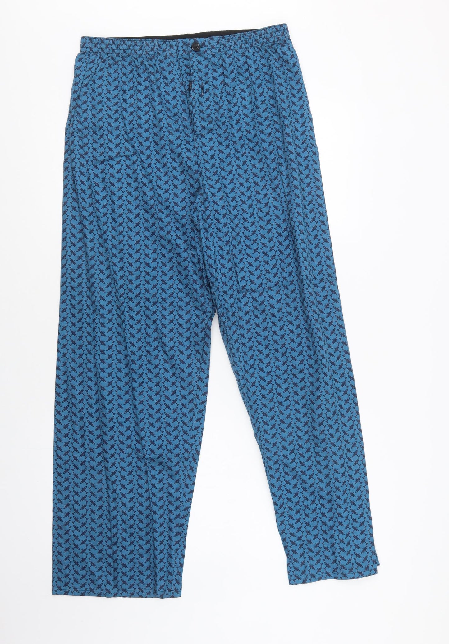 M&S Mens Blue Geometric Cotton  Pyjama Pants Size M  Button