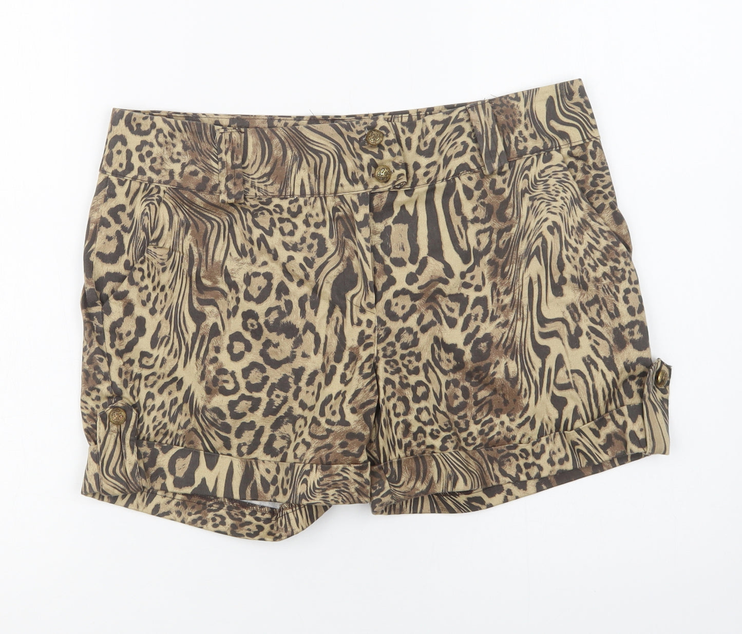 Preworn Womens Brown Animal Print Cotton Chino Shorts Size 12 L4 in Regular Button