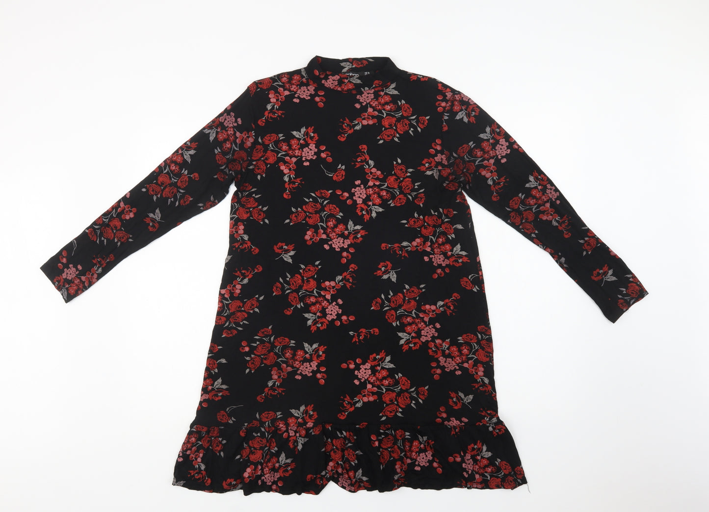 Boohoo Womens Black Floral Polyester A-Line  Size 14  Mock Neck