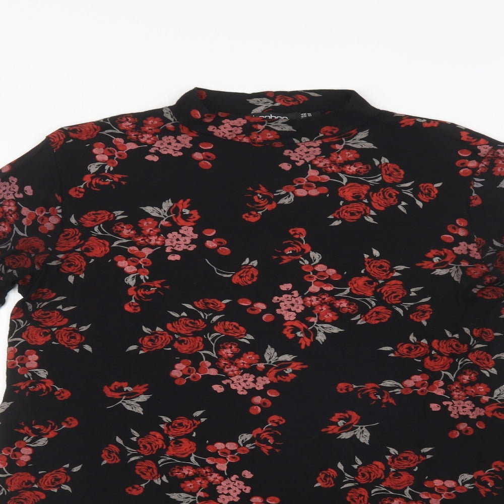 Boohoo Womens Black Floral Polyester A-Line  Size 14  Mock Neck