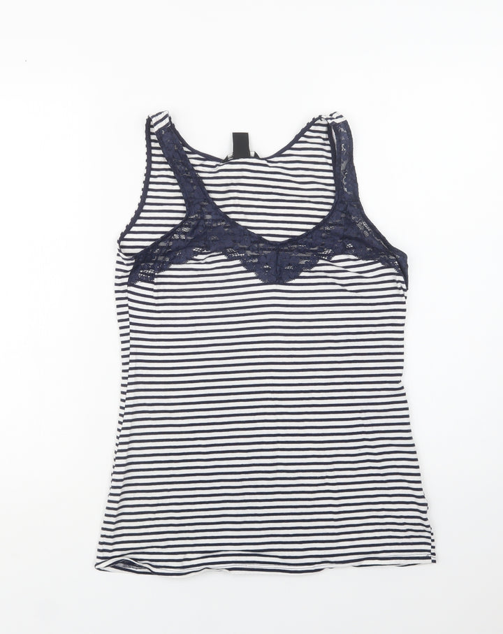 H&M Womens Blue Striped Cotton Top Pyjama Top Size M - Lace Detail