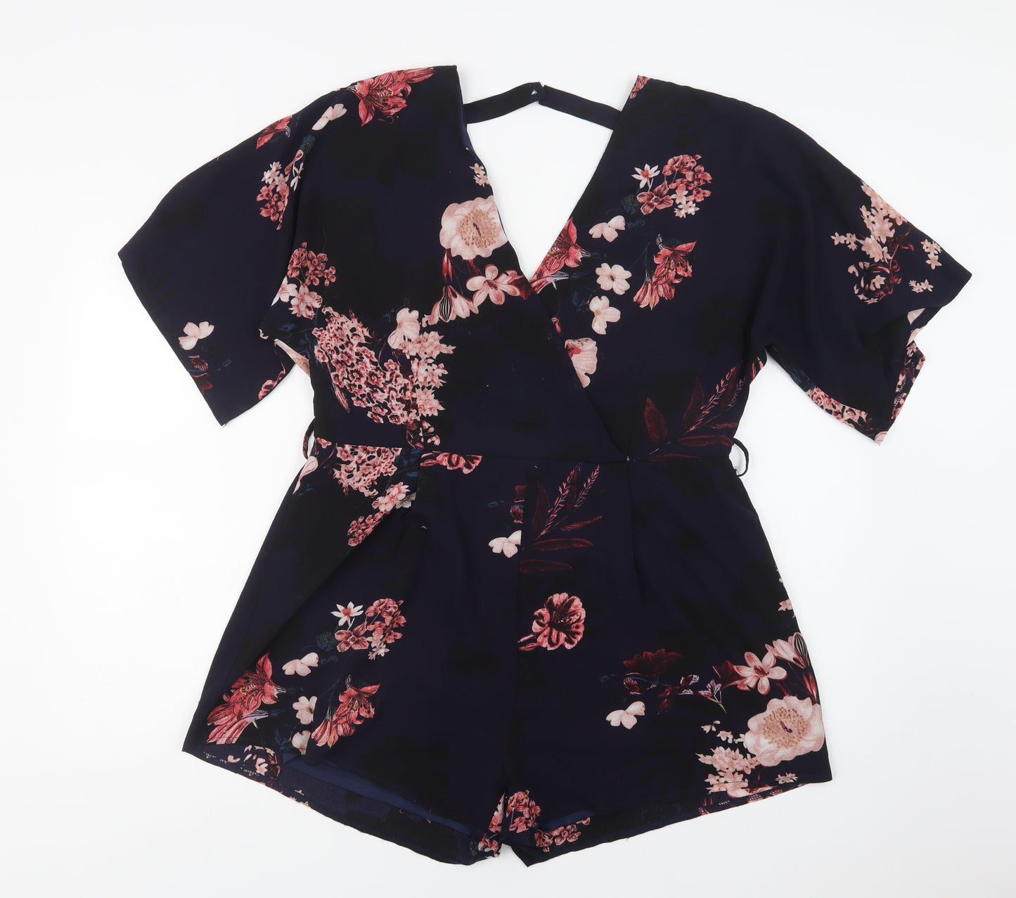 Preworn Womens Blue Floral Polyester Playsuit One-Piece Size 16  Zip
