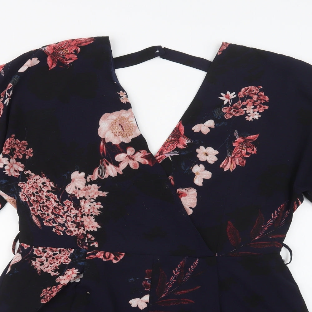 Preworn Womens Blue Floral Polyester Playsuit One-Piece Size 16  Zip