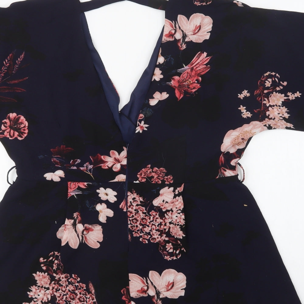 Preworn Womens Blue Floral Polyester Playsuit One-Piece Size 16  Zip